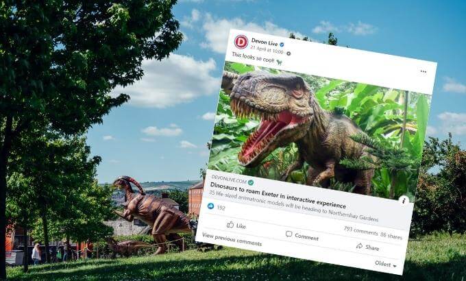 A large model dinosaur and sample social post