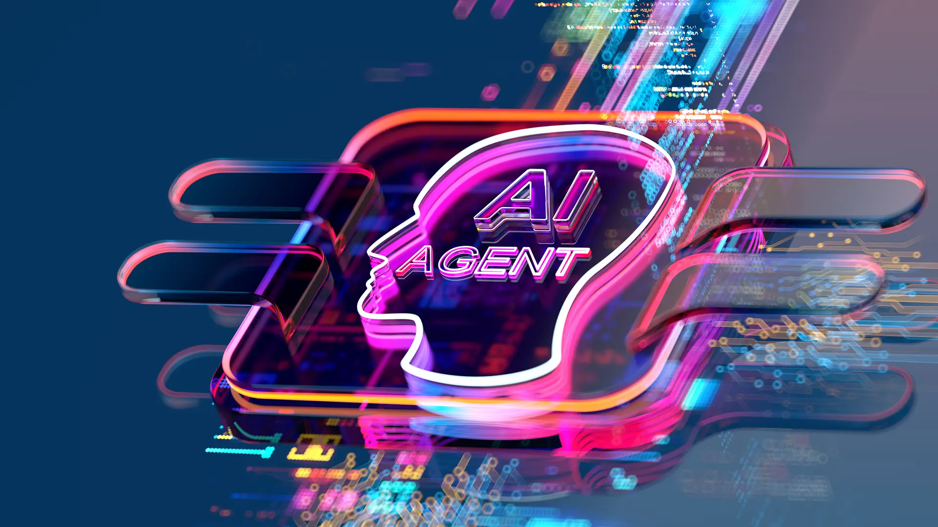 Neon head outline reading "AI Agent" on a glowing circuit chip, illustrating agentic AI