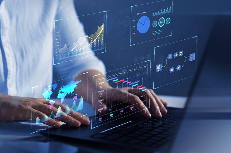 person typing on computer with floating digital graphics