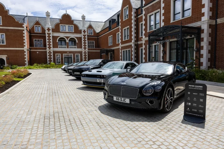 Cars parked in a line for an event