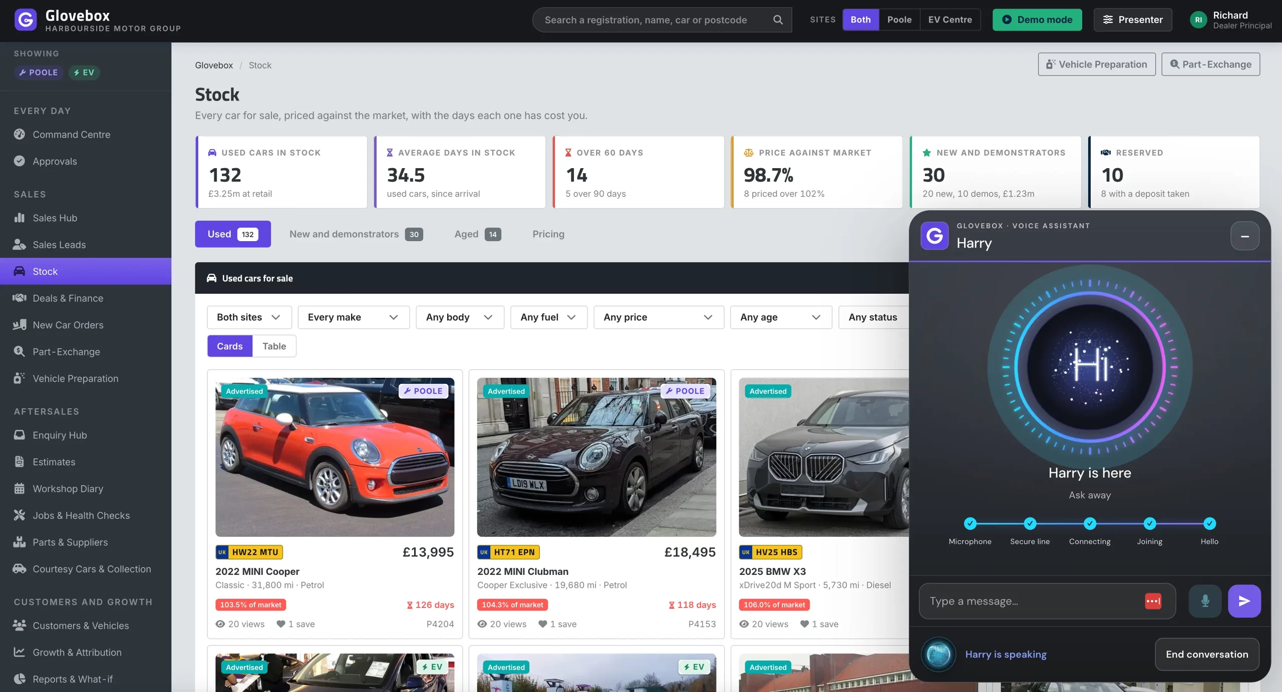 Glovebox motor trade system showing used car stock alongside the Harry voice assistant