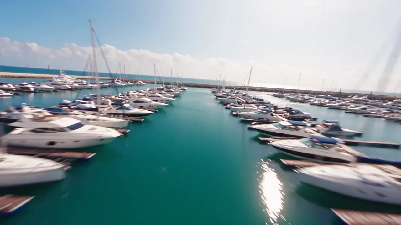 Aerial view of a marina full of yachts on a sunny day