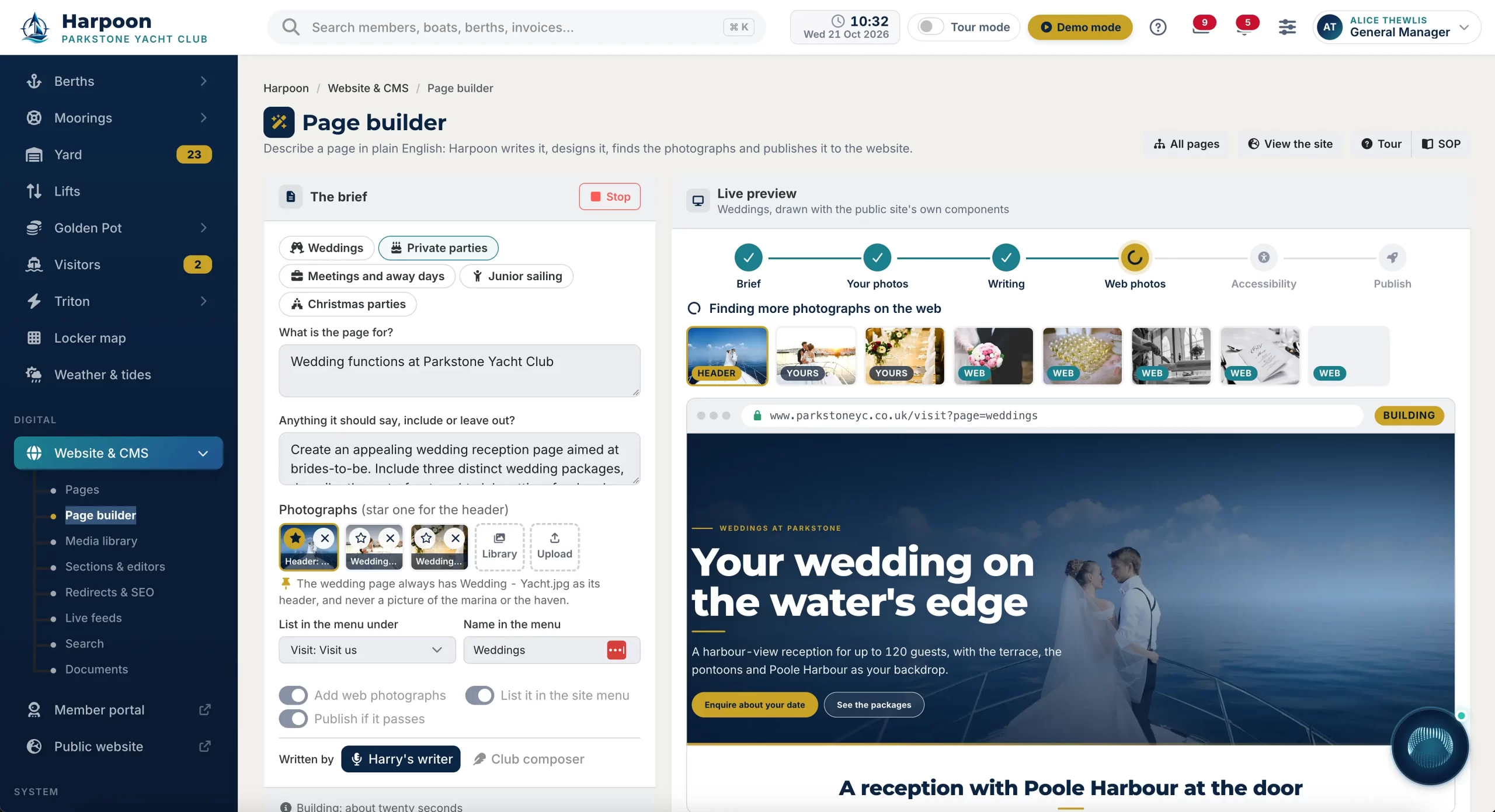 Harpoon yacht club system page builder creating a weddings page for the club website